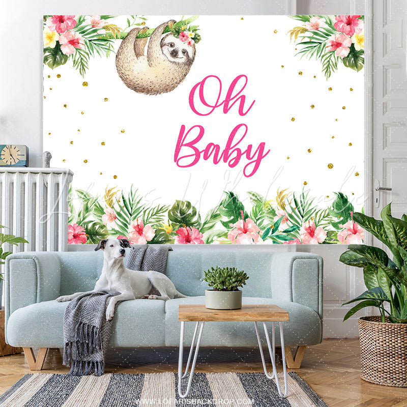 Lofaris Oh Baby Pink Floral Sloth Shower Backdrop Banner