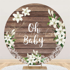Lofaris Oh Baby White Floral Brown Wood Round Shower Backdrop