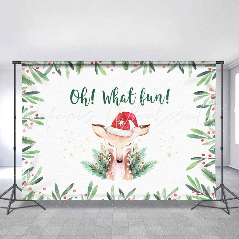Lofaris Oh What Fun Chrismas Elk And Green Leaves Backdrop