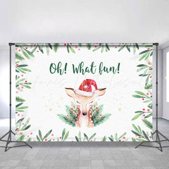 Lofaris Oh What Fun Chrismas Elk And Green Leaves Backdrop