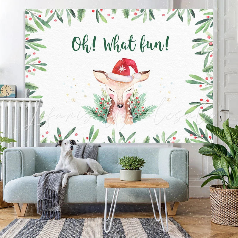Lofaris Oh What Fun! Fawn in A Santa Hat Christmas Backdrop