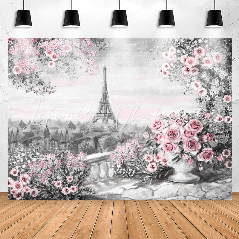 Lofaris Oil Painting Eiffel Tower Pink Floral Rose Backdrop