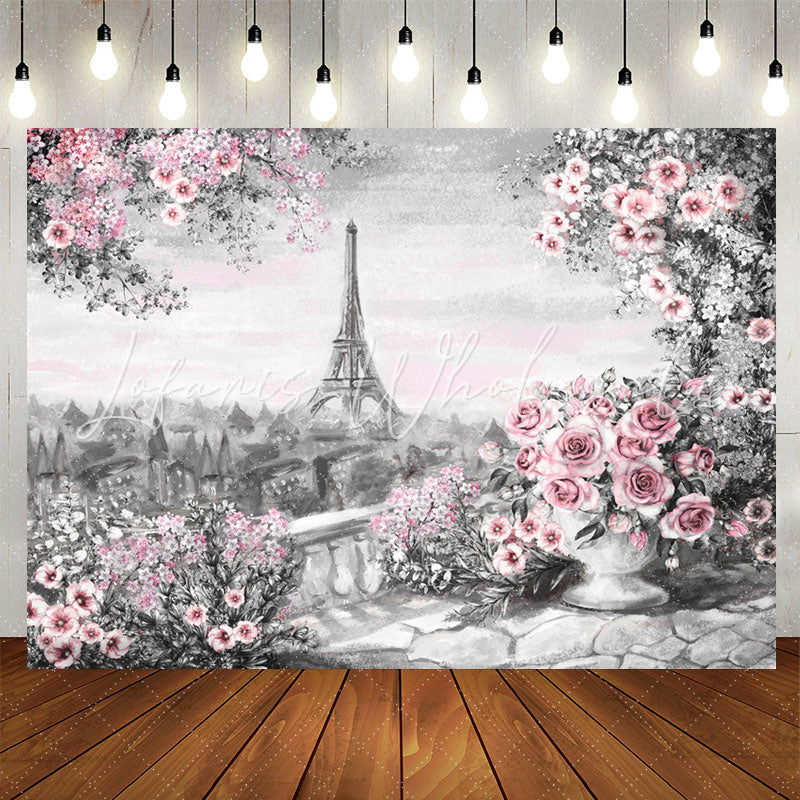 Lofaris Oil Painting Eiffel Tower Pink Floral Rose Backdrop