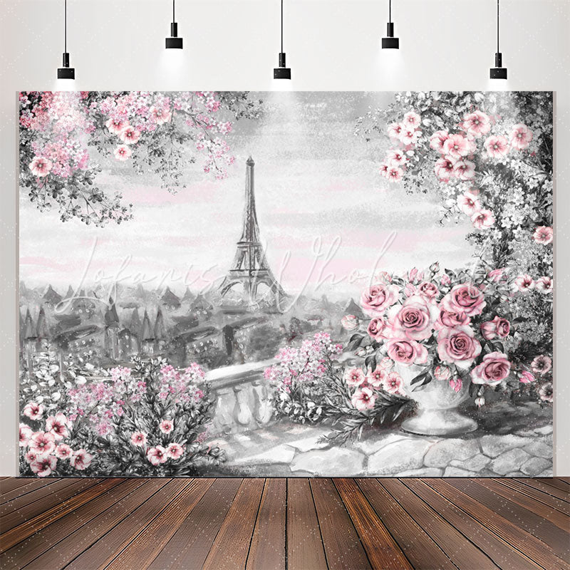 Lofaris Oil Painting Eiffel Tower Pink Floral Rose Backdrop