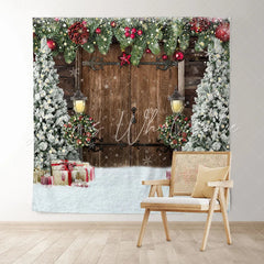 Lofaris Old Wooden Door Christmas Trees Backdrop for