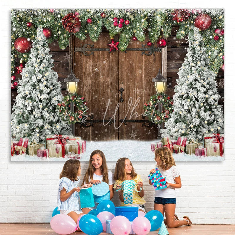 Lofaris Old Wooden Door Christmas Trees Backdrop for