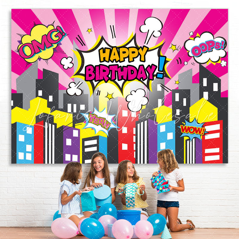 Lofaris Omg Happy Birthday Cartoon City Backdrop For