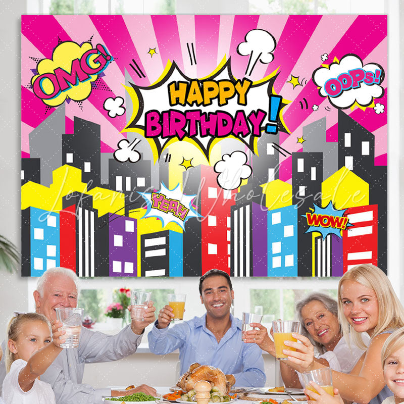 Lofaris Omg Happy Birthday Cartoon City Backdrop For