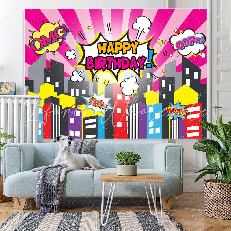 Lofaris Omg Happy Birthday Cartoon City Backdrop For