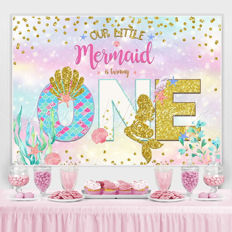 Lofaris Our Litter Mermaid Is Turning Gold Glitter First Birthday Backdrop