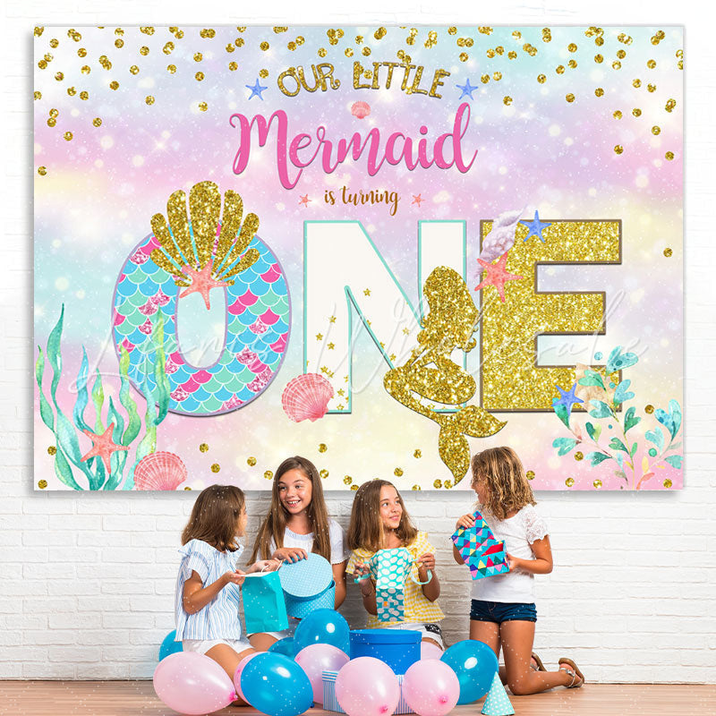 Lofaris Our Litter Mermaid Is Turning Gold Glitter First Birthday Backdrop