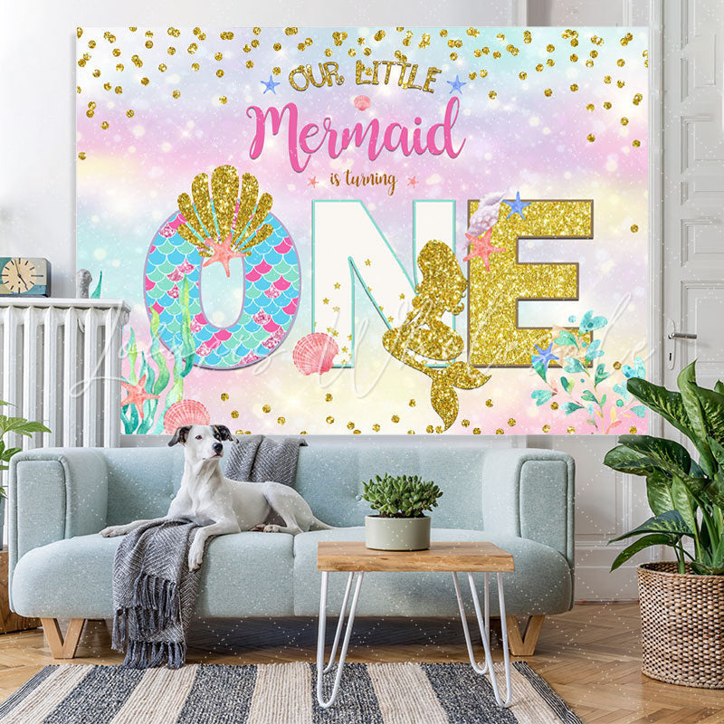Lofaris Our Litter Mermaid Is Turning Gold Glitter First Birthday Backdrop