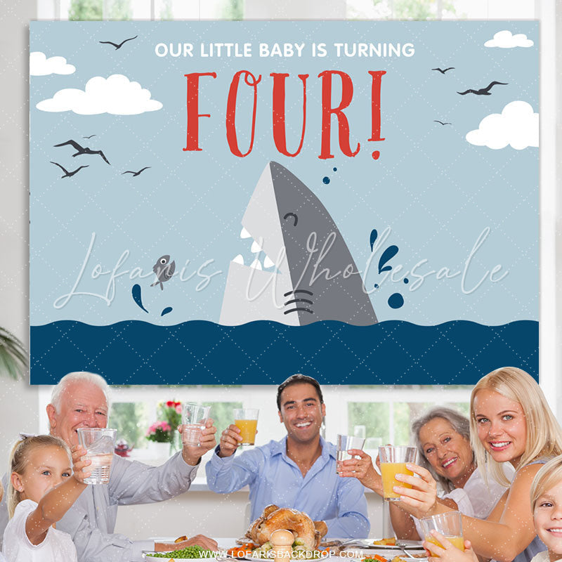 Lofaris Our Little Baby Is Turning Four Shark Birthday Backdrop