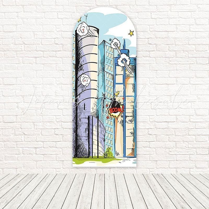 Painted Hero Streetscape Action Scene Arch Backdrop For Themed Fun