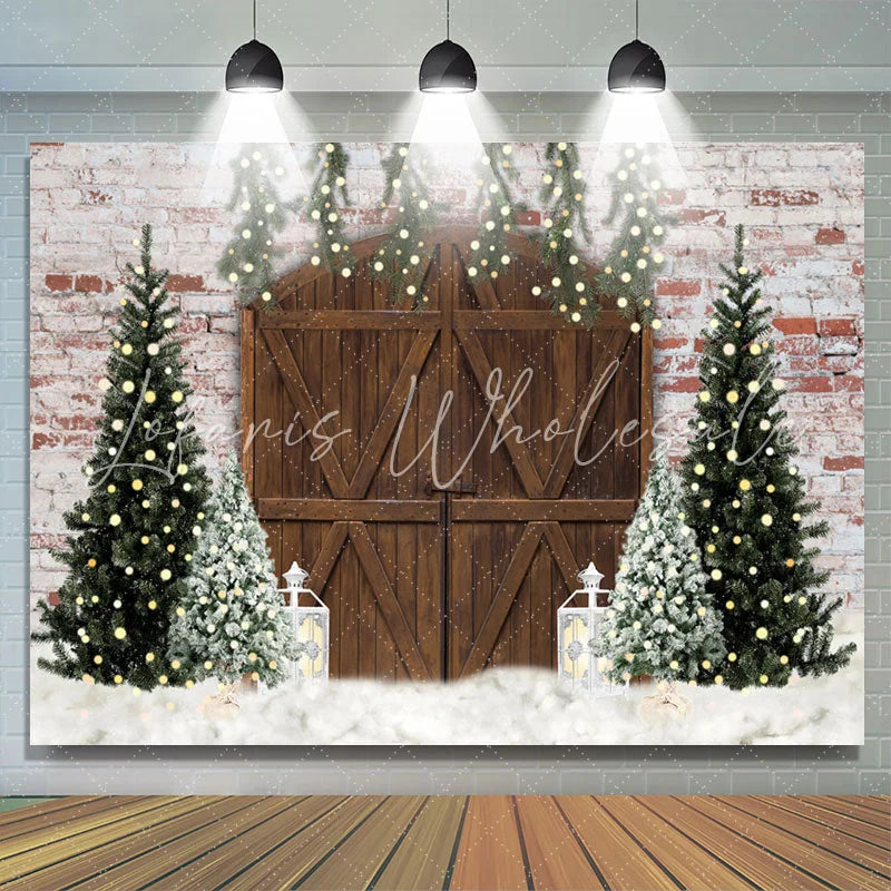 Lofaris Pine Tree Cloud Brick Wall Wood Door Christmas Backdrop