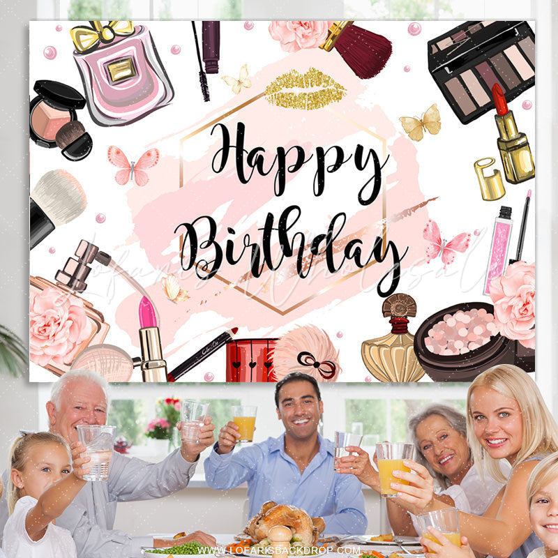 Lofaris Pink Abstract Cosmetic Pattern Happy Birthday Backdrop