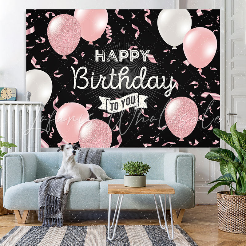 Lofaris Pink Balloon Ribbon Black Happy Birthday Party Backdrop