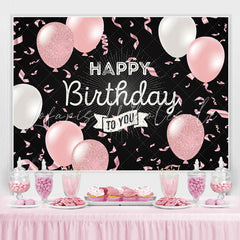 Lofaris Pink Balloon Ribbon Black Happy Birthday Party Backdrop