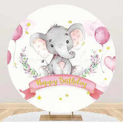 Lofaris Pink Balloon Star Elephant Round Birthday Backdrop