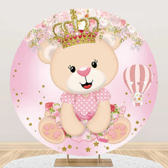 Lofaris Pink Bear Crown Floral Round Baby Shower Backdrop