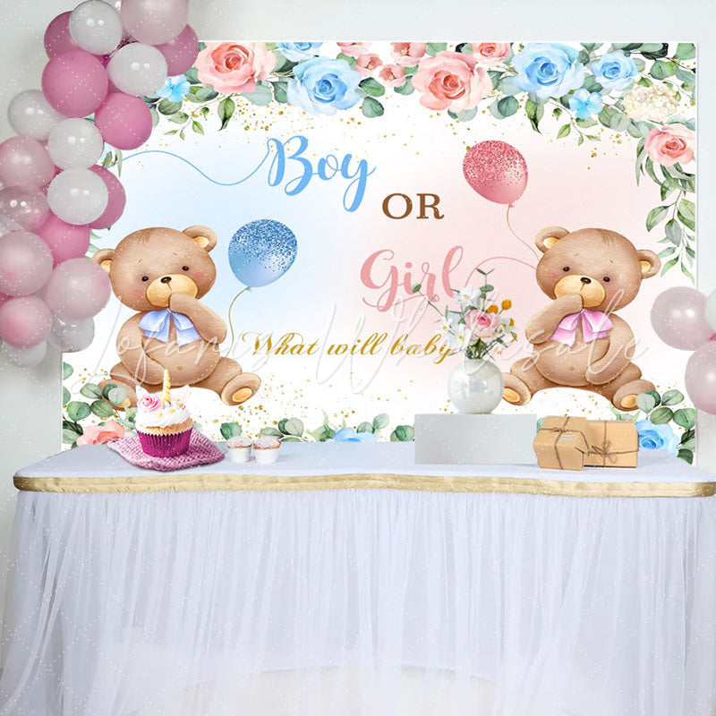 Lofaris Pink Blue Floral Teddy Bear Gender Reveal Backdrop