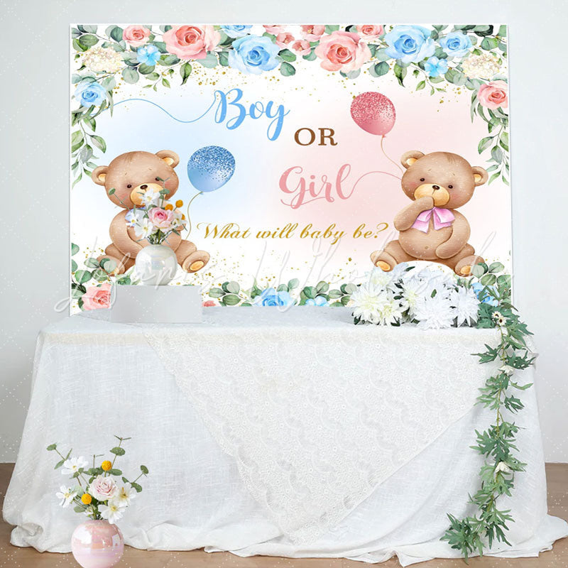 Lofaris Pink Blue Floral Teddy Bear Gender Reveal Backdrop