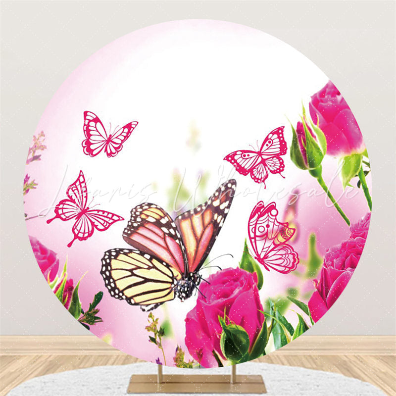 Lofaris Pink Butterfly Flower Happy Birthday Round Backdrop