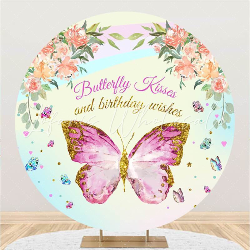 Lofaris Pink Butterfly Round Happy Birthday Backdrop For Girl