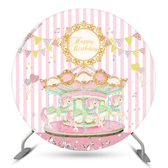 Lofaris Pink Carrousel Girls Happy Birthday Round Backdrop