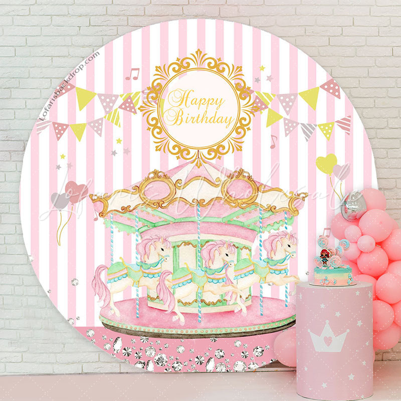 Lofaris Pink Carrousel Girls Happy Birthday Round Backdrop
