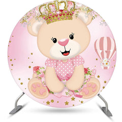 Lofaris Pink Crown Bear Floral Circle Baby Shower Backdrop
