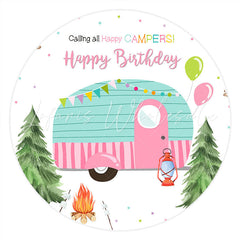 Lofaris Pink Cyan Calling All Happy Campers Round Birthday Backdrop