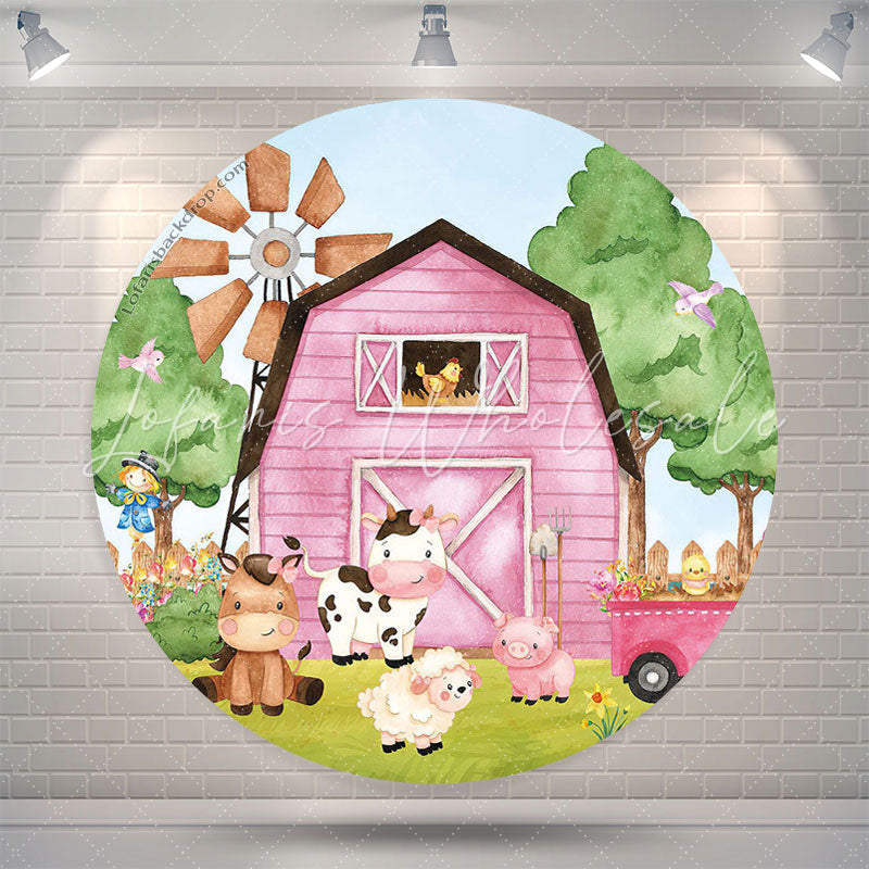 Lofaris Pink Farm Animals Brithday Round Backdrop Cover