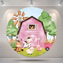 Lofaris Pink Farm Animals Brithday Round Backdrop Cover
