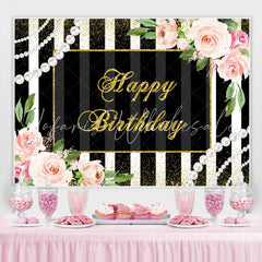 Lofaris Pink Floral And Black With White Birthday Backdrop