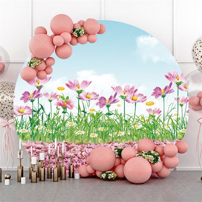 Lofaris Pink Floral And Blue Sky Round Baby Shower Backdrop