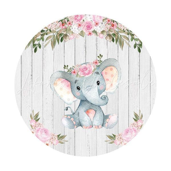 Lofaris Pink Floral And Elephant Round Baby Shower Backdrop
