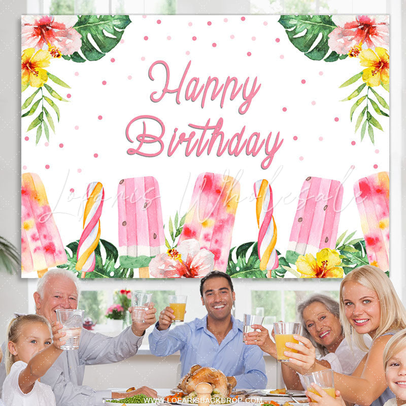 Lofaris Pink Floral And Ice Cream Happy Summer Birthday Backdrop