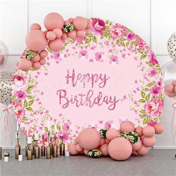 Lofaris Pink Floral And Custom Round Birthday Backdrop