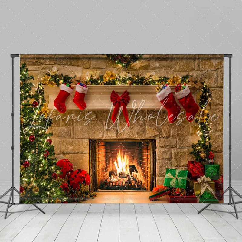 Lofaris Pink Floral And Socks Winter Happy Christmas Backdrop