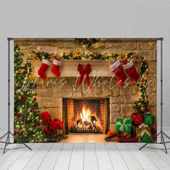 Lofaris Pink Floral And Socks Winter Happy Christmas Backdrop
