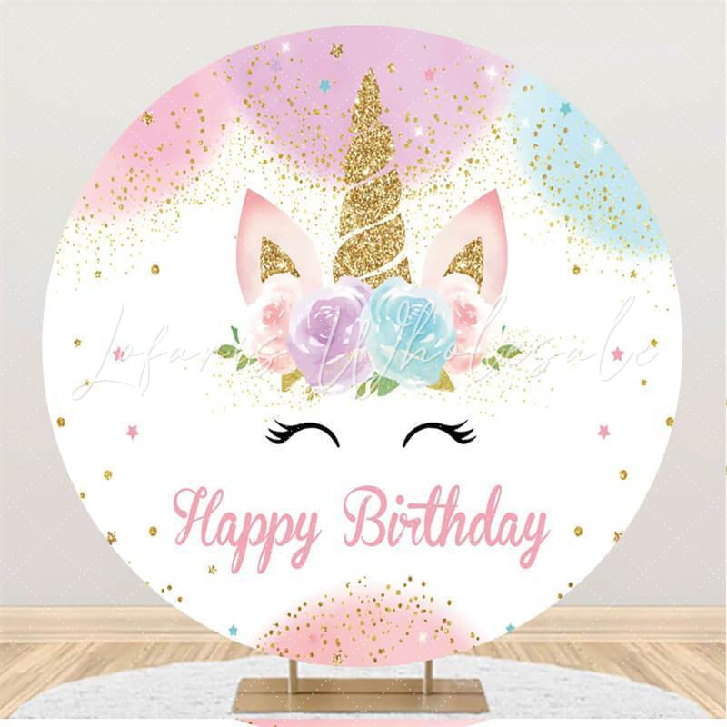 Lofaris Pink Floral And Unicorn Happy Birthday Round Backdrop