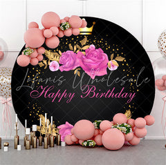 Lofaris Pink Floral Black Gold Crown Round Birthday Backdrop
