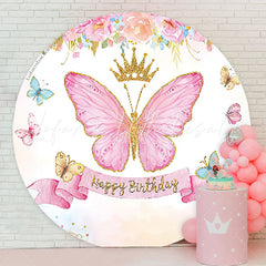 Lofaris Pink Floral Butterfly Happy Birthday Round Backdrop