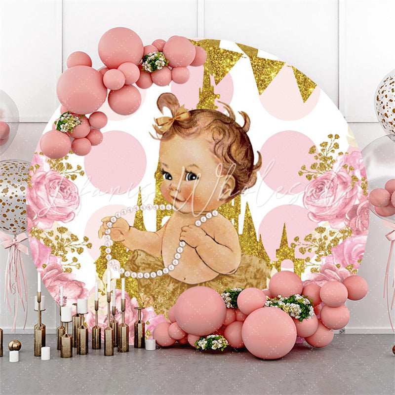 Lofaris Pink Floral Gold Glitter Castle Baby Shower Backdrop