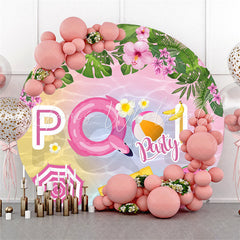 Lofaris Pink Floral Green Leaf Round Pool Birthday Party Backdrop