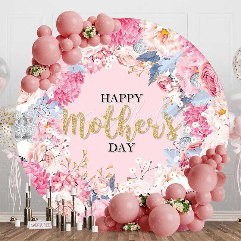 Lofaris Pink Floral Leaves Gold Round Mothers Day Backdrop