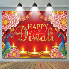 Lofaris Pink Floral Peacock Red Happy Diwali Party Backdrop