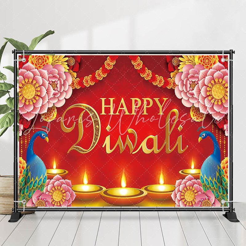 Lofaris Pink Floral Peacock Red Happy Diwali Party Backdrop