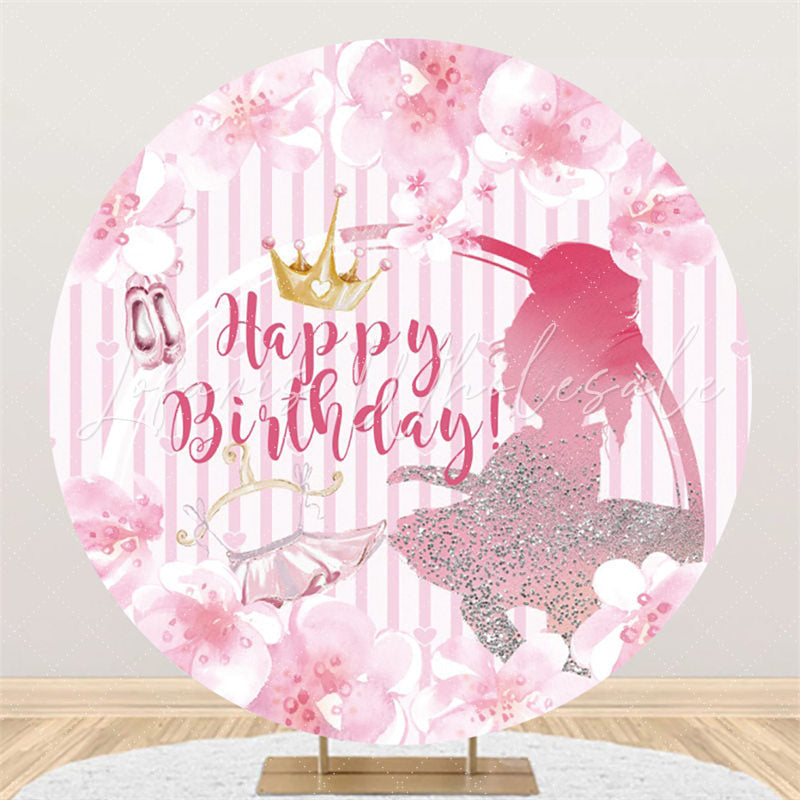 Lofaris Pink Floral Silver Glitter Girls Round Birthday Backdrop